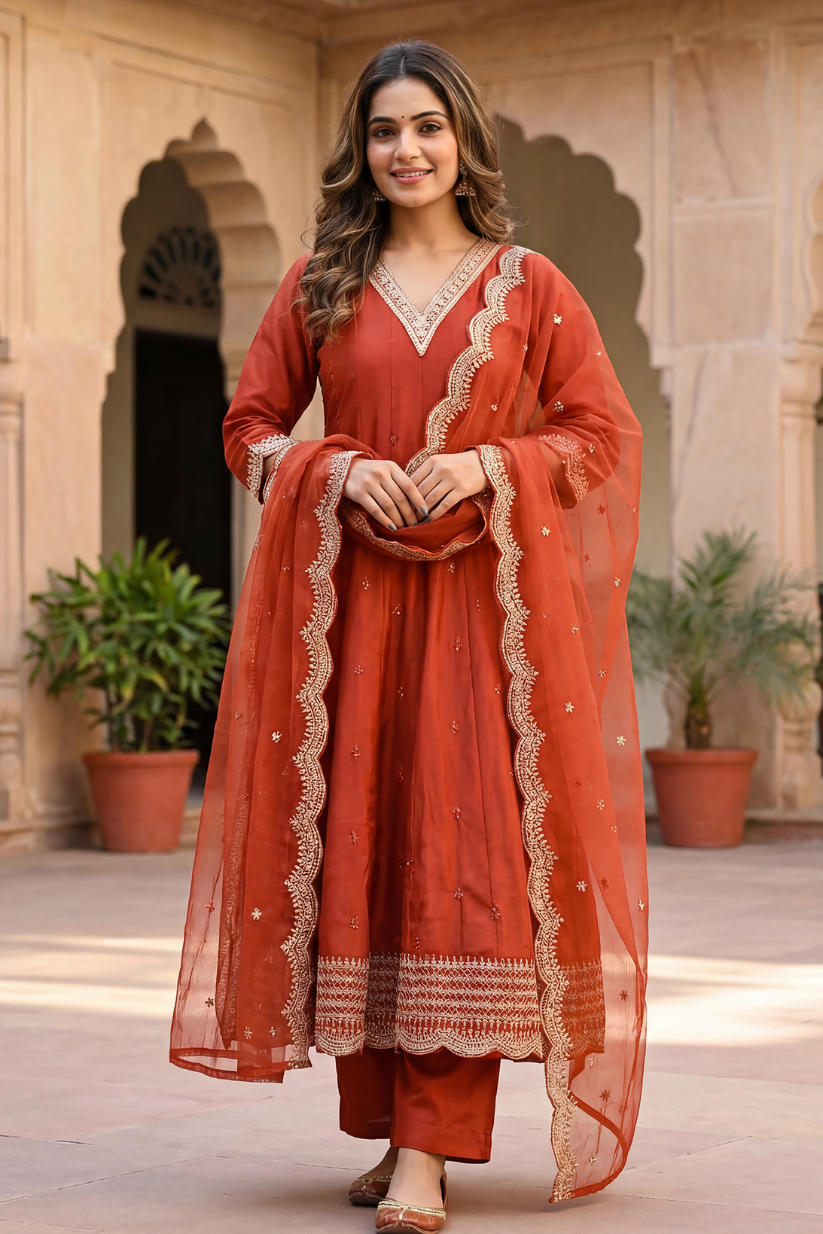 Front view of rust embroidered kurta set with statement dupatta for women in festive ethnic wear styling with elegant traditional embroidery detailing