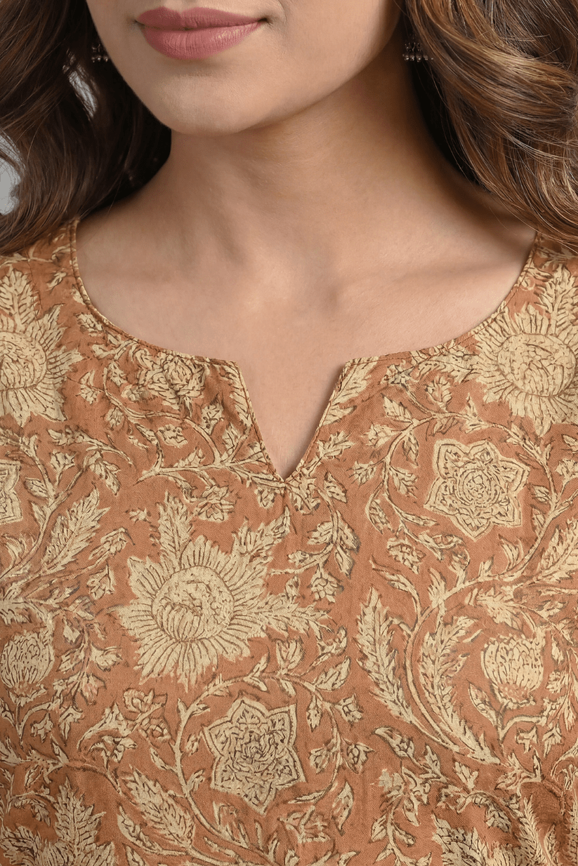 Rust Floral Printed Everyday Short Kurti - The House of Indu