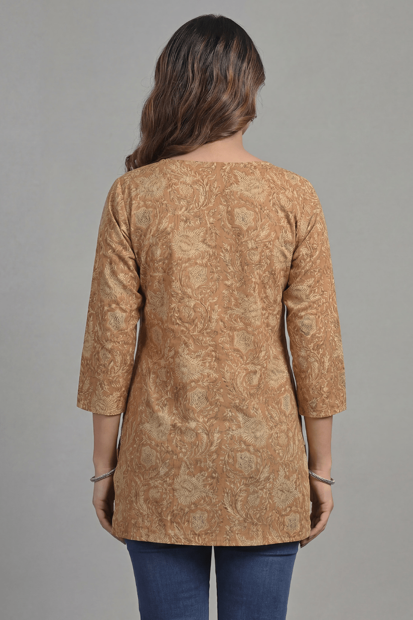 Rust Floral Printed Everyday Short Kurti - The House of Indu