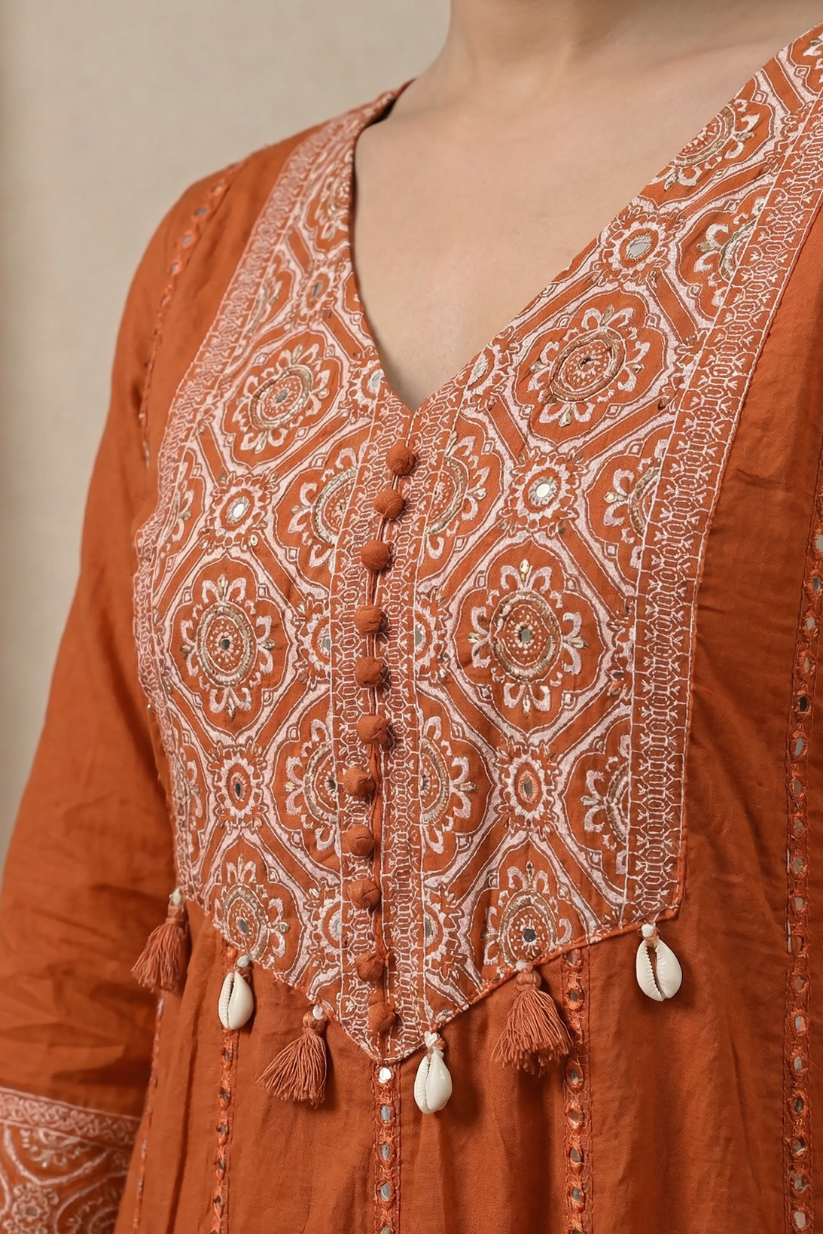 Rust orange embroidered Anarkali kurta set with printed dupatta and palazzo pants for women festive ethnic wear front view