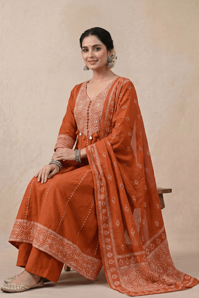 Rust Orange Embroidered Anarkali Kurta Set with Dupatta for Women - The House of Indu