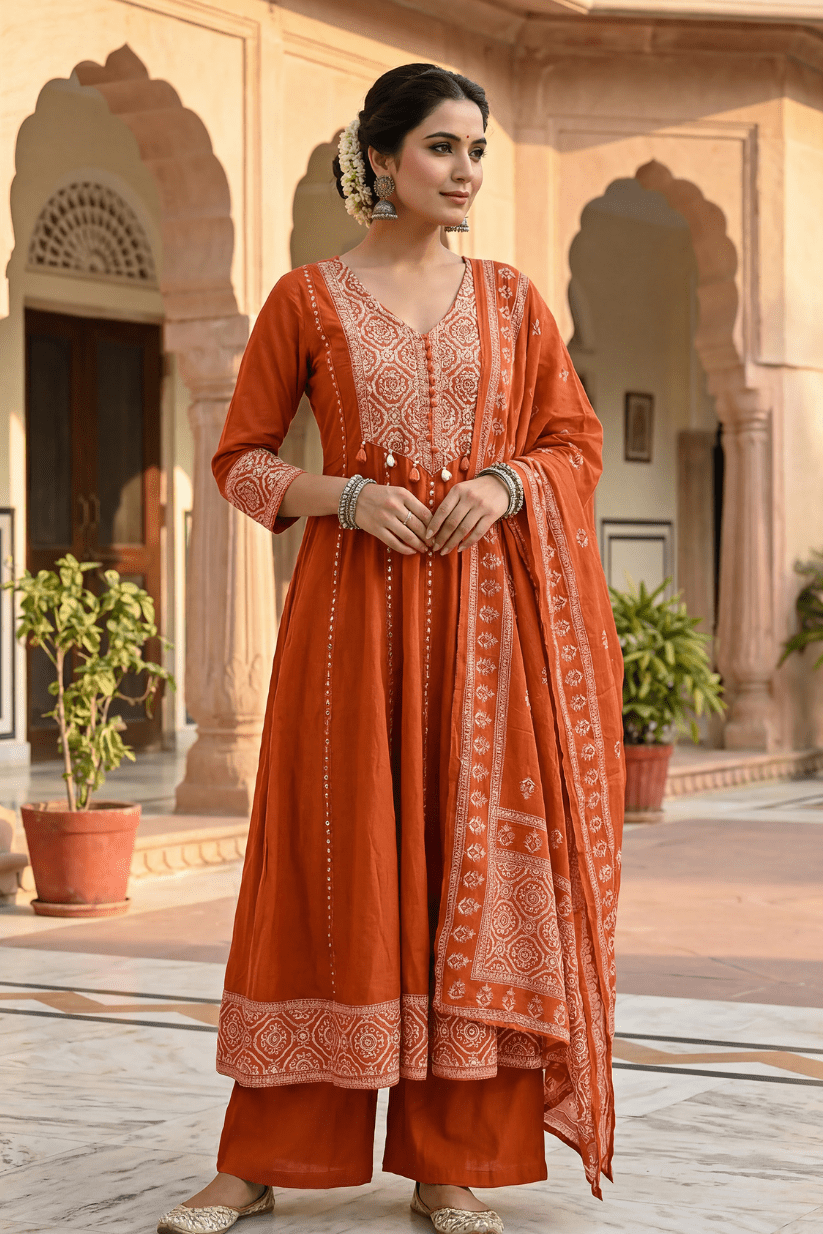 Rust Orange Embroidered Anarkali Kurta Set with Dupatta for Women - The House of Indu