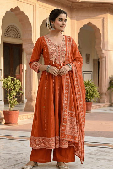Rust Orange Embroidered Anarkali Kurta Set with Dupatta for Women - The House of Indu