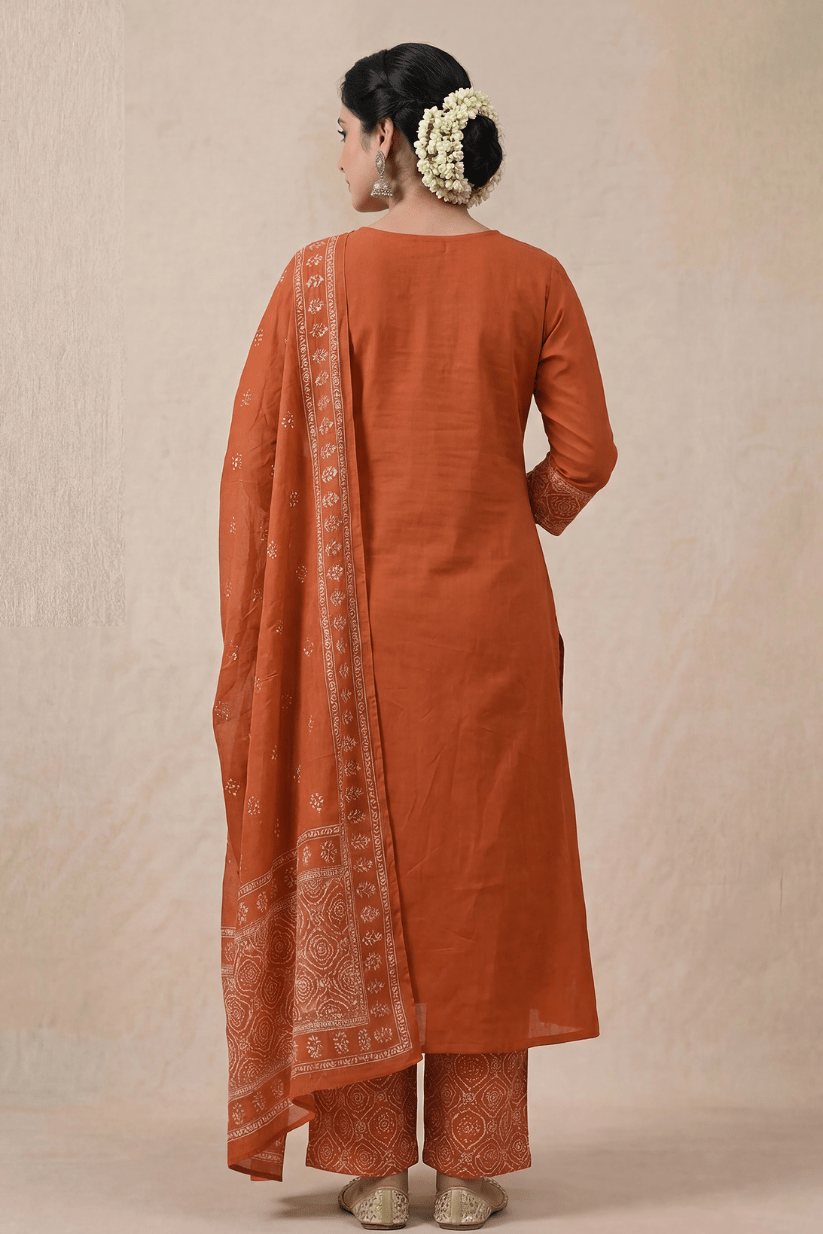 Rust Orange Embroidered Anarkali Kurta Set with Dupatta for Women - The House of Indu