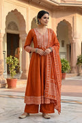 Rust Orange Embroidered Anarkali Kurta Set with Dupatta for Women - The House of Indu