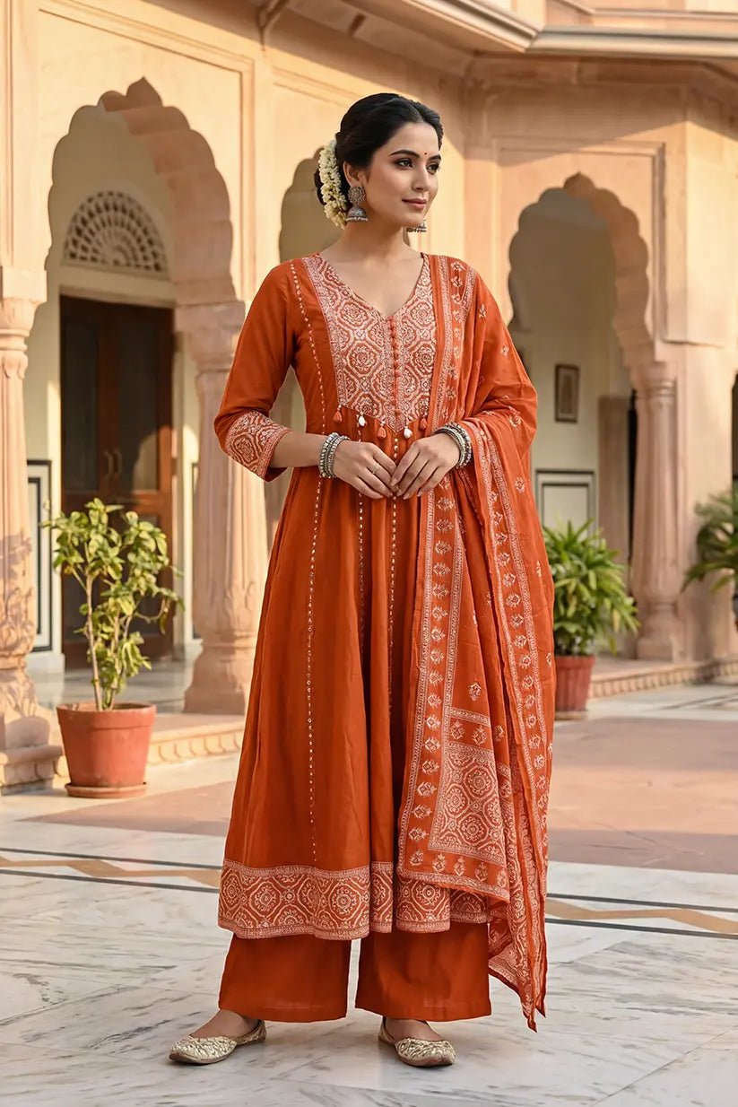 Rust Orange Embroidered Anarkali Kurta Set with Dupatta for Women - The House of Indu