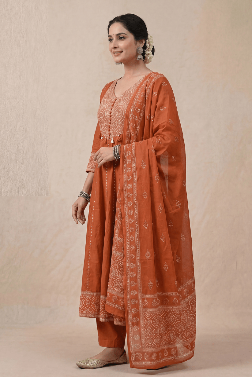 Rust Orange Embroidered Anarkali Kurta Set with Dupatta for Women - The House of Indu