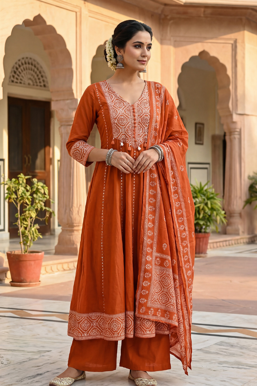 Rust orange embroidered Anarkali kurta set with printed dupatta and palazzo pants for women festive ethnic wear front view