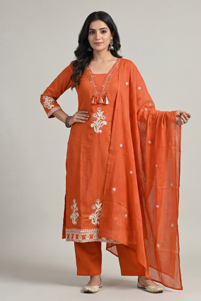 Woman wearing rust orange embroidered kurta set with dupatta front view