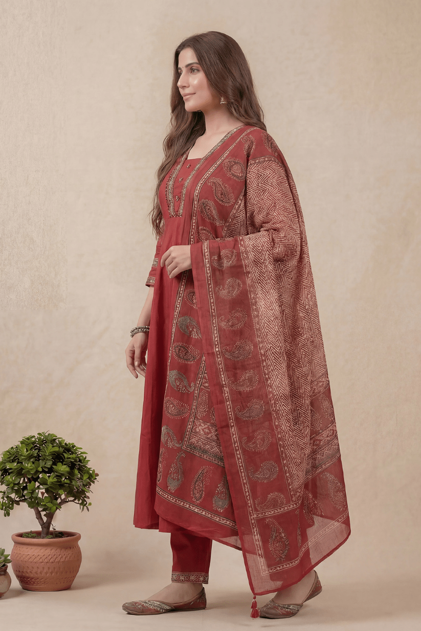 Rust Red A-Line Kurta Pant Set with Printed Dupatta for Women - The House of Indu