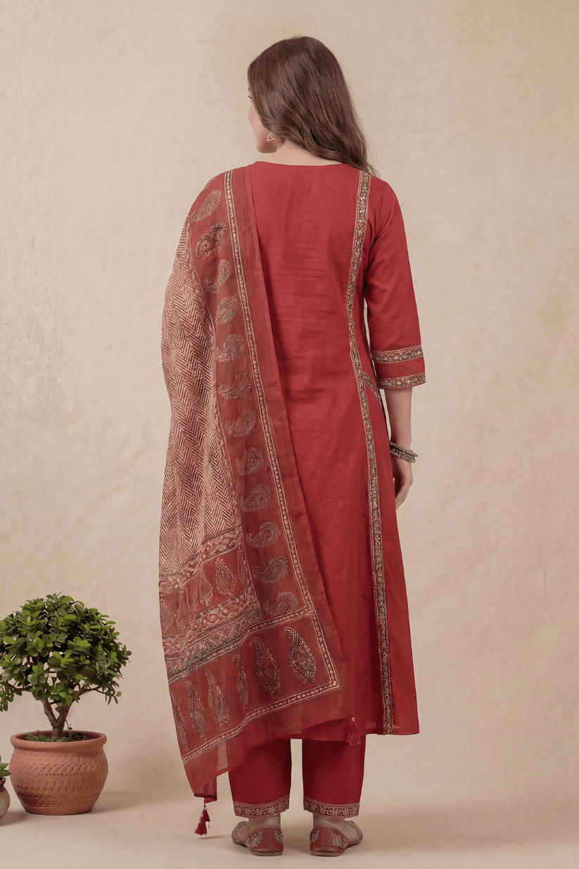 Rust Red A-Line Kurta Pant Set with Printed Dupatta for Women - The House of Indu