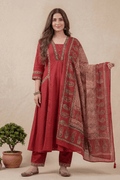 Rust Red A-Line Kurta Pant Set with Printed Dupatta for Women - The House of Indu