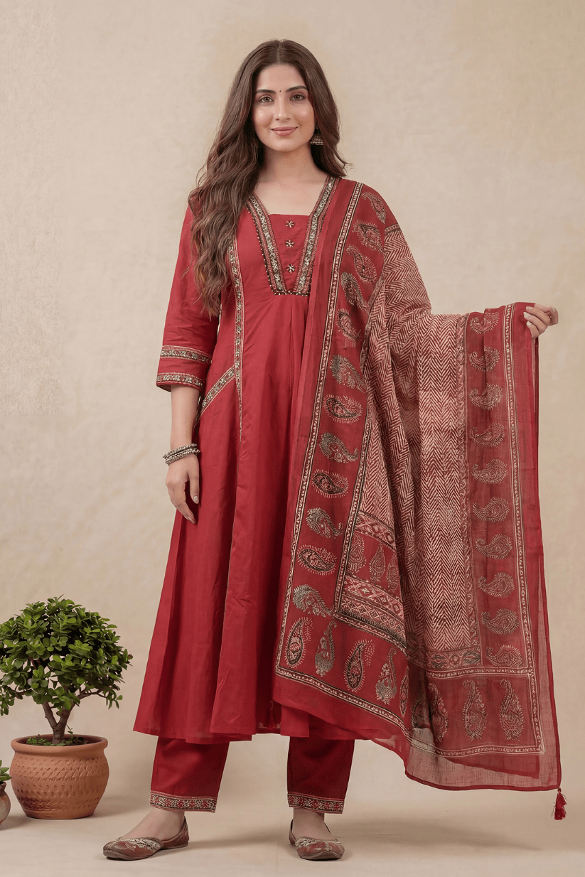 Rust Red A-Line Kurta Pant Set with Printed Dupatta for Women - The House of Indu