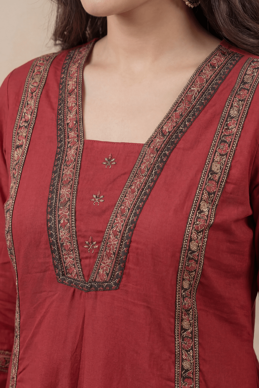 Rust Red A-Line Kurta Pant Set with Printed Dupatta for Women - The House of Indu