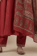 Rust Red A-Line Kurta Pant Set with Printed Dupatta for Women - The House of Indu
