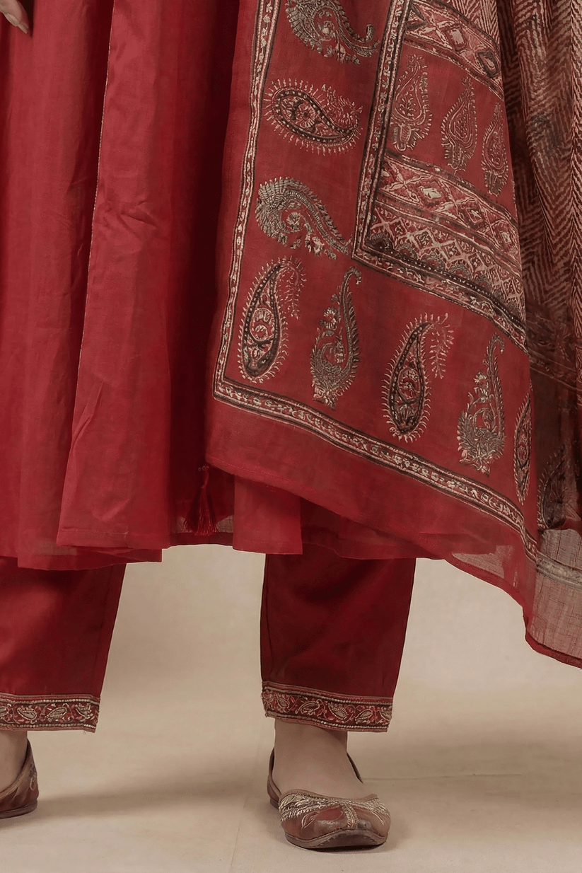 Rust Red A-Line Kurta Pant Set with Printed Dupatta for Women - The House of Indu