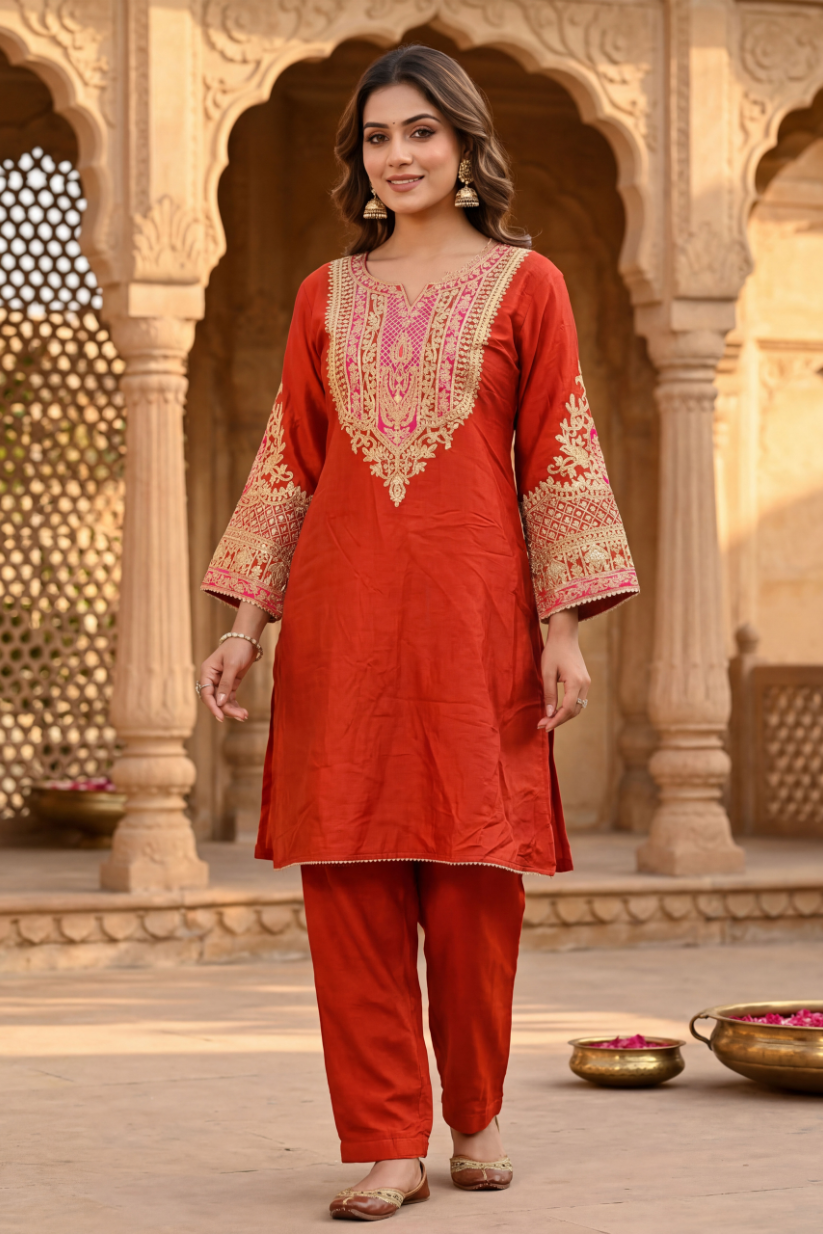 Women rust red embroidered co-ord set front view