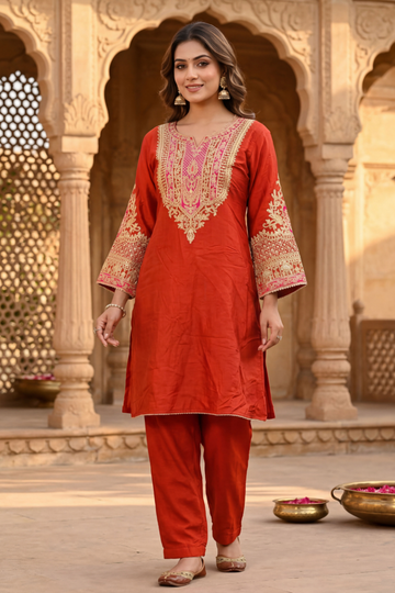 Women rust red embroidered co-ord set front view