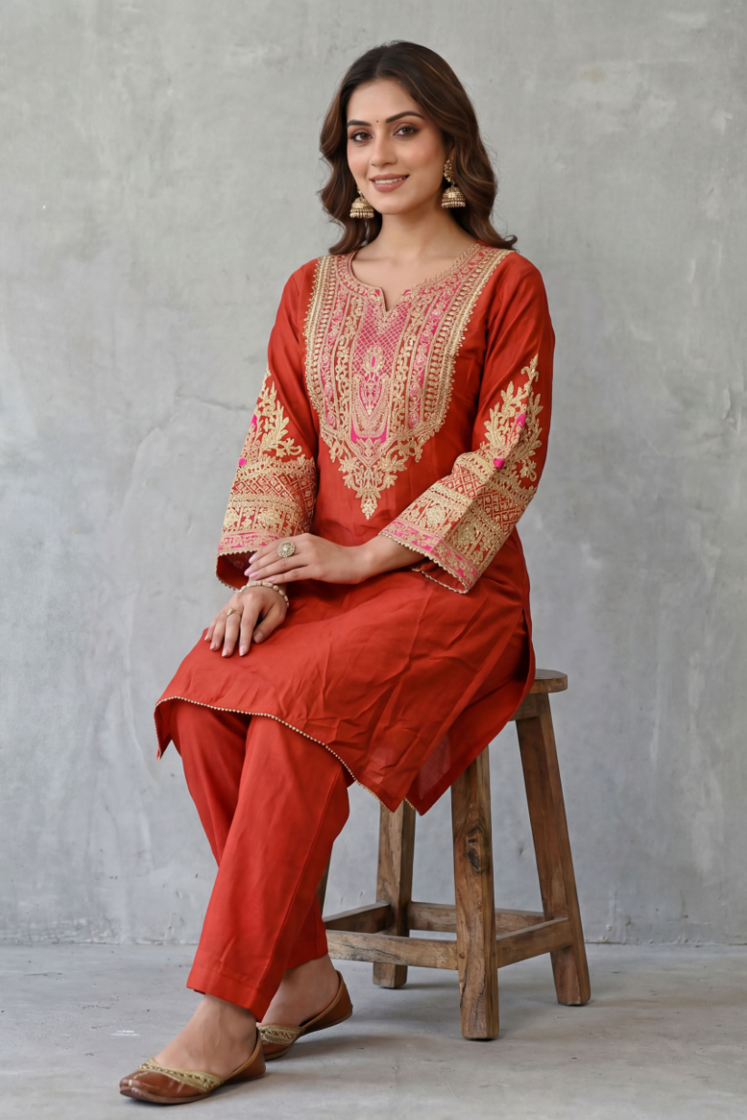 Women wearing rust red embroidered co-ord set seated pose