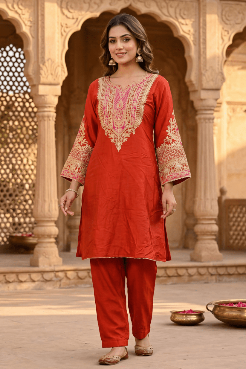 Rust Red Embroidered Co-ord Set for Festive & Casual Wear Women - The House of Indu