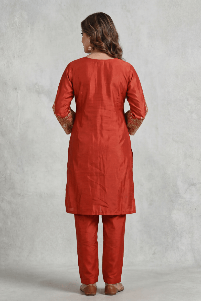 Rust Red Embroidered Co-ord Set for Festive & Casual Wear Women - The House of Indu