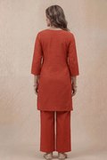 Rust Red Embroidered Kurta Set for Women with Straight Pants - The House of Indu