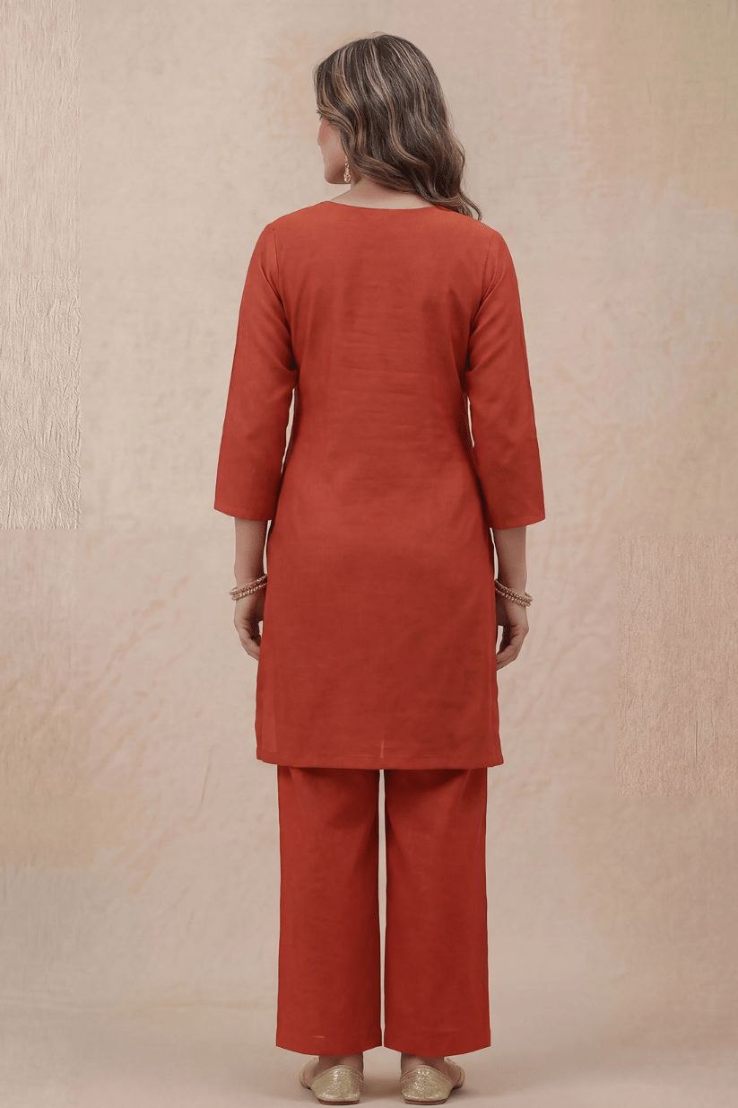 Rust Red Embroidered Kurta Set for Women with Straight Pants - The House of Indu