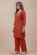 Rust Red Embroidered Kurta Set for Women with Straight Pants - The House of Indu
