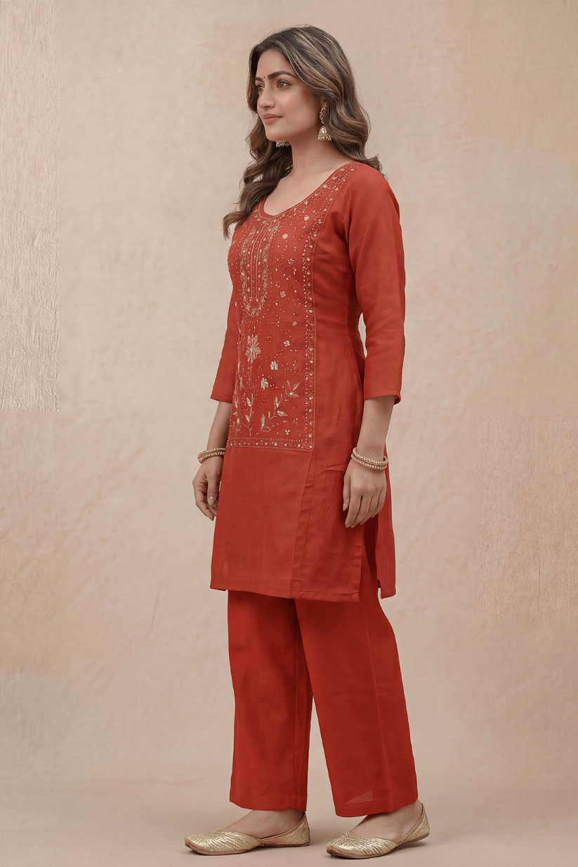 Rust Red Embroidered Kurta Set for Women with Straight Pants - The House of Indu