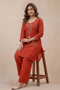 Rust Red Embroidered Kurta Set for Women with Straight Pants - The House of Indu