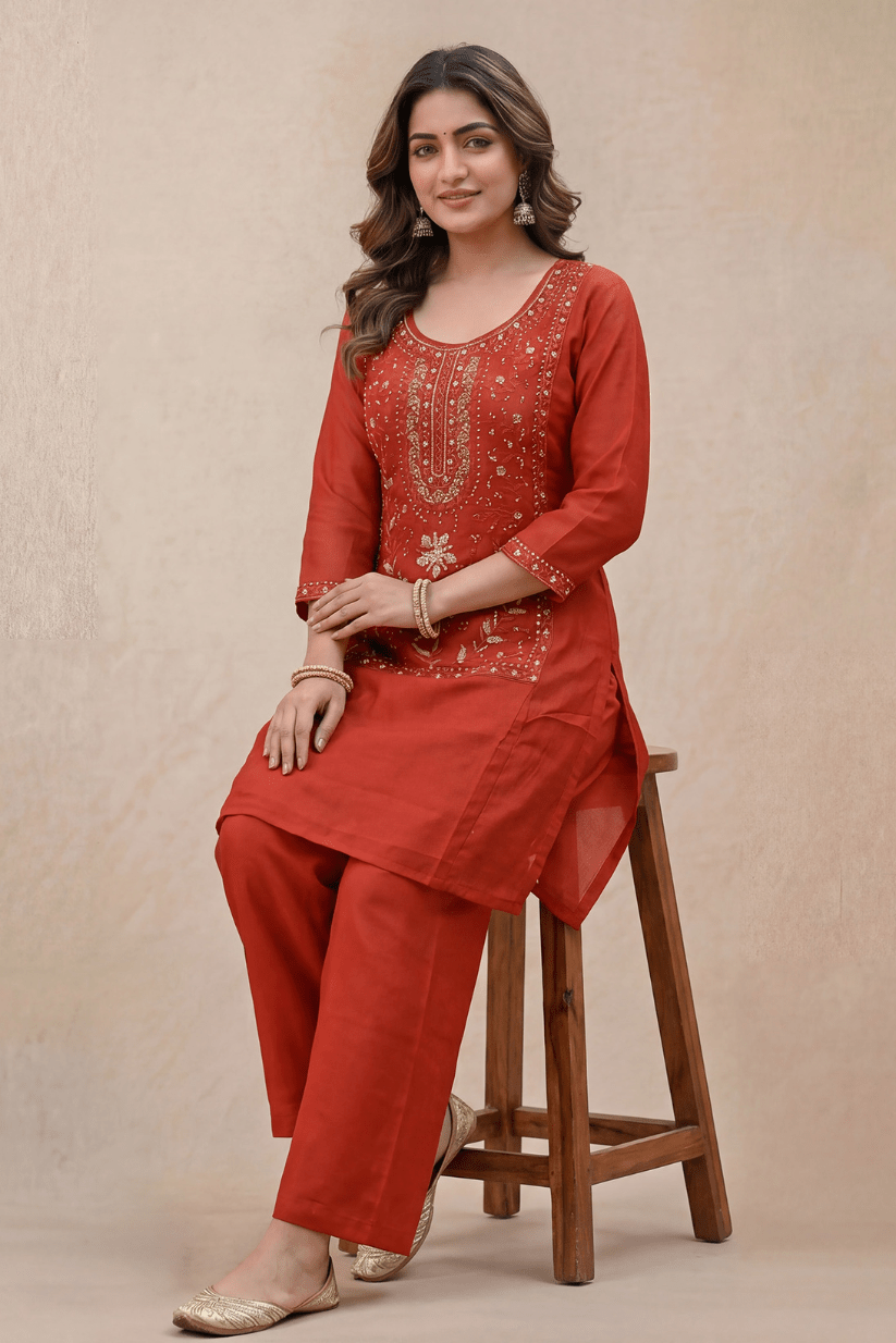 Rust Red Embroidered Kurta Set for Women with Straight Pants - The House of Indu
