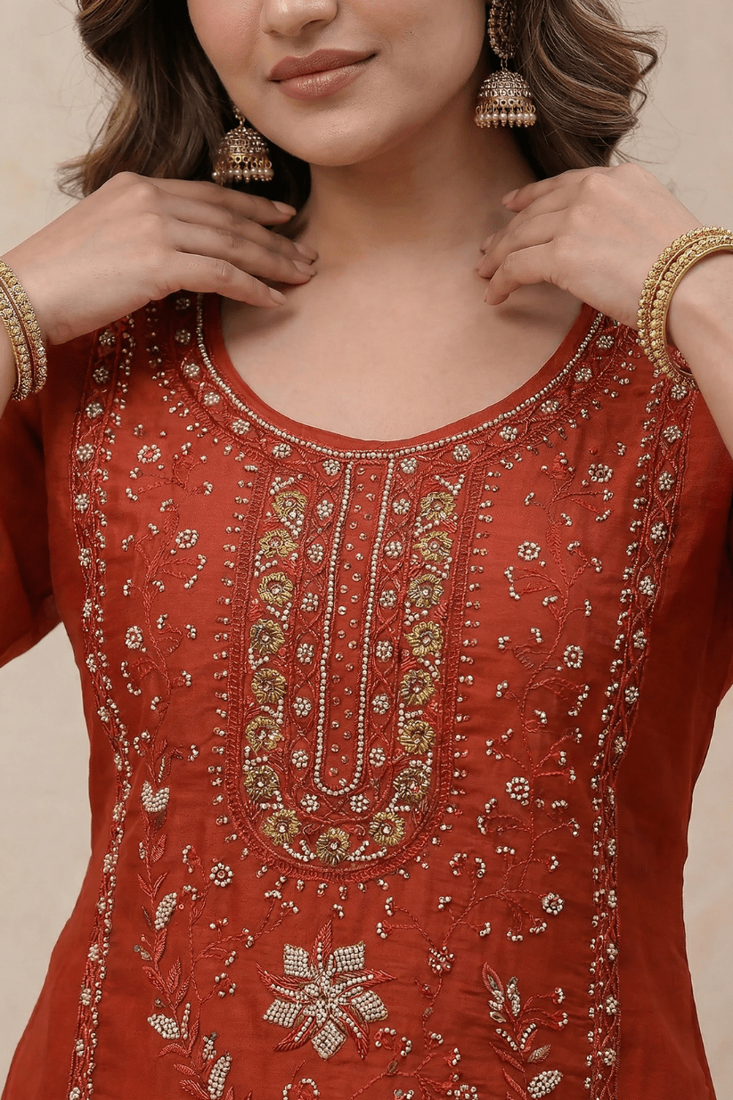 Rust Red Embroidered Kurta Set for Women with Straight Pants - The House of Indu