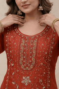 Rust Red Embroidered Kurta Set for Women with Straight Pants - The House of Indu