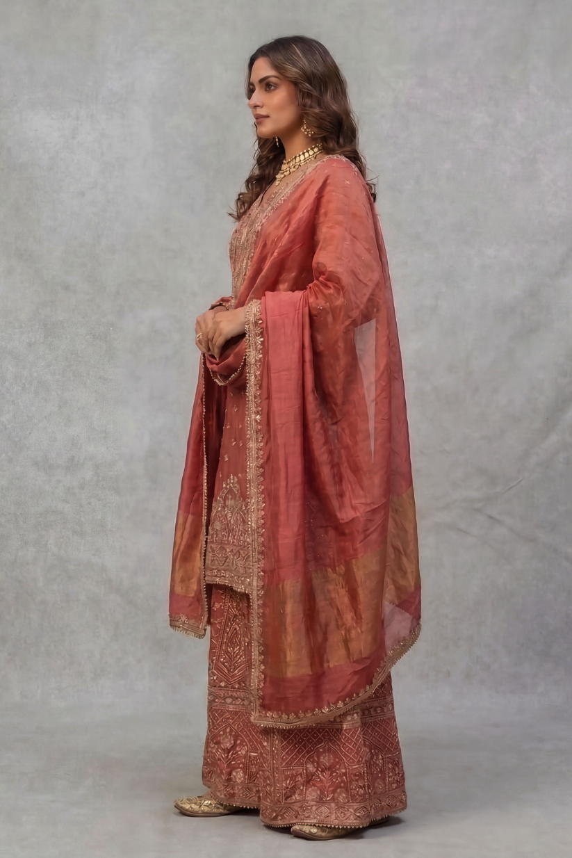 Side view of rust red embroidered kurta palazzo set for women