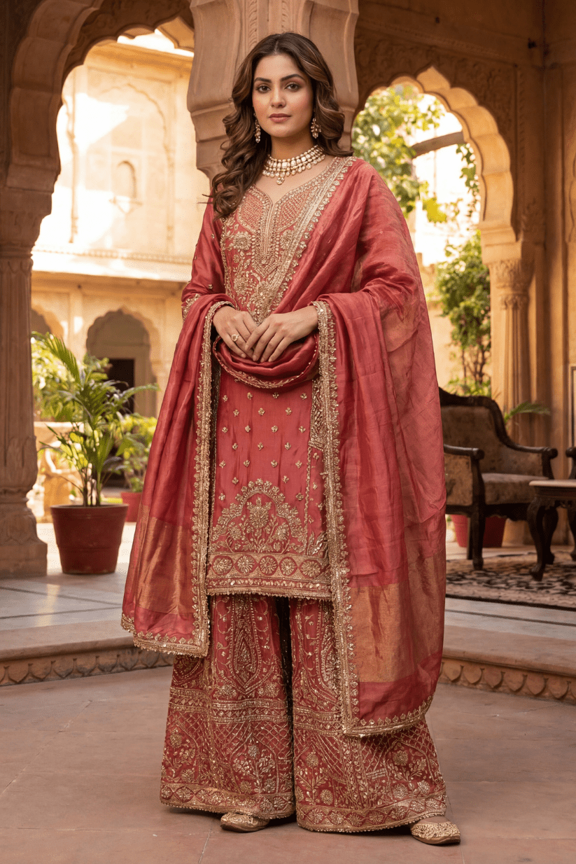 Rust Red Hand Embroidered Kurta Palazzo Set with Dupatta for Women - The House of Indu