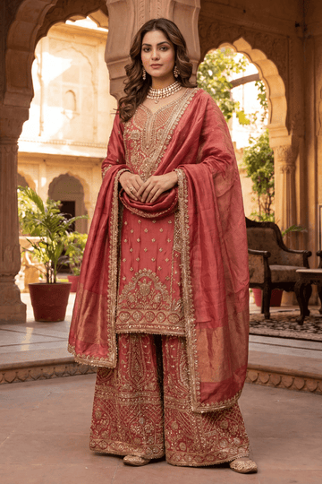 Rust Red Hand Embroidered Kurta Palazzo Set with Dupatta for Women - The House of Indu