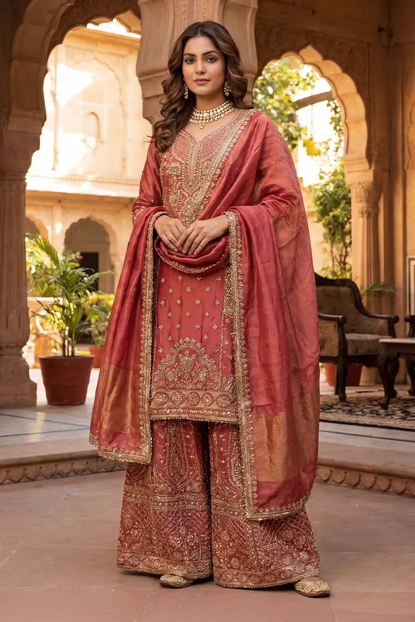 Rust Red Hand Embroidered Kurta Palazzo Set with Dupatta for Women - The House of Indu