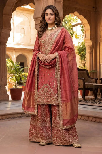 Rust Red Hand Embroidered Kurta Palazzo Set with Dupatta for Women - The House of Indu