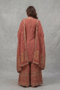 Rust Red Hand Embroidered Kurta Palazzo Set with Dupatta for Women - The House of Indu