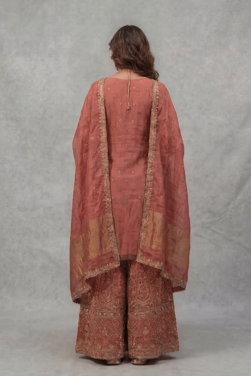 Rust Red Hand Embroidered Kurta Palazzo Set with Dupatta for Women - The House of Indu
