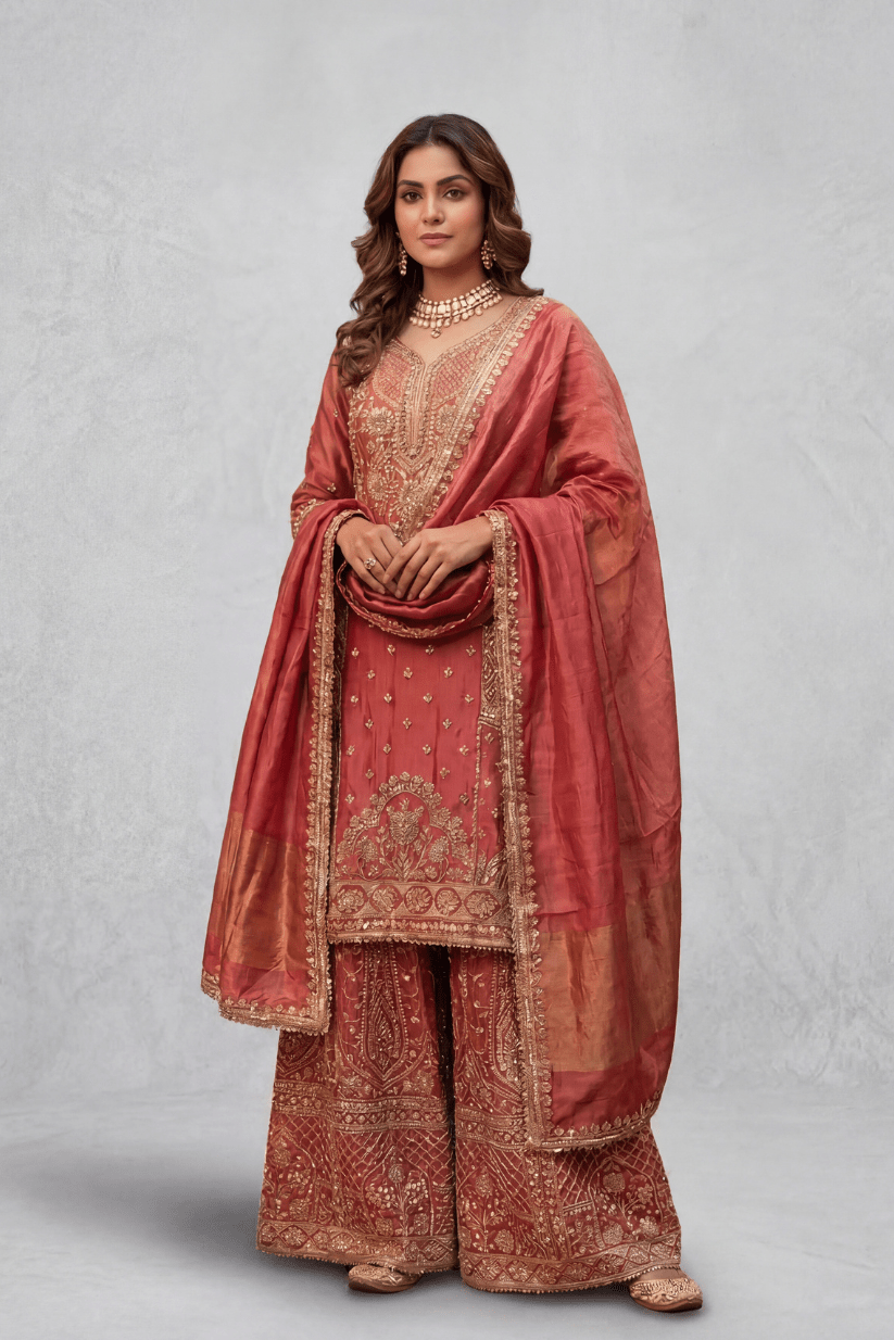 Rust Red Hand Embroidered Kurta Palazzo Set with Dupatta for Women - The House of Indu