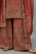 Rust Red Hand Embroidered Kurta Palazzo Set with Dupatta for Women - The House of Indu