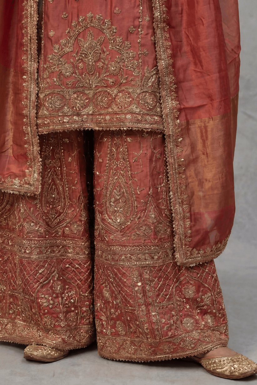 Rust Red Hand Embroidered Kurta Palazzo Set with Dupatta for Women - The House of Indu