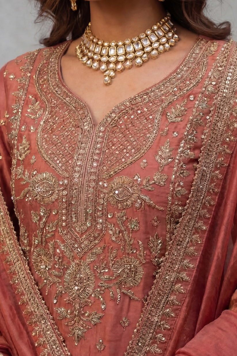 Women rust red hand embroidered kurta palazzo set with dupatta front view