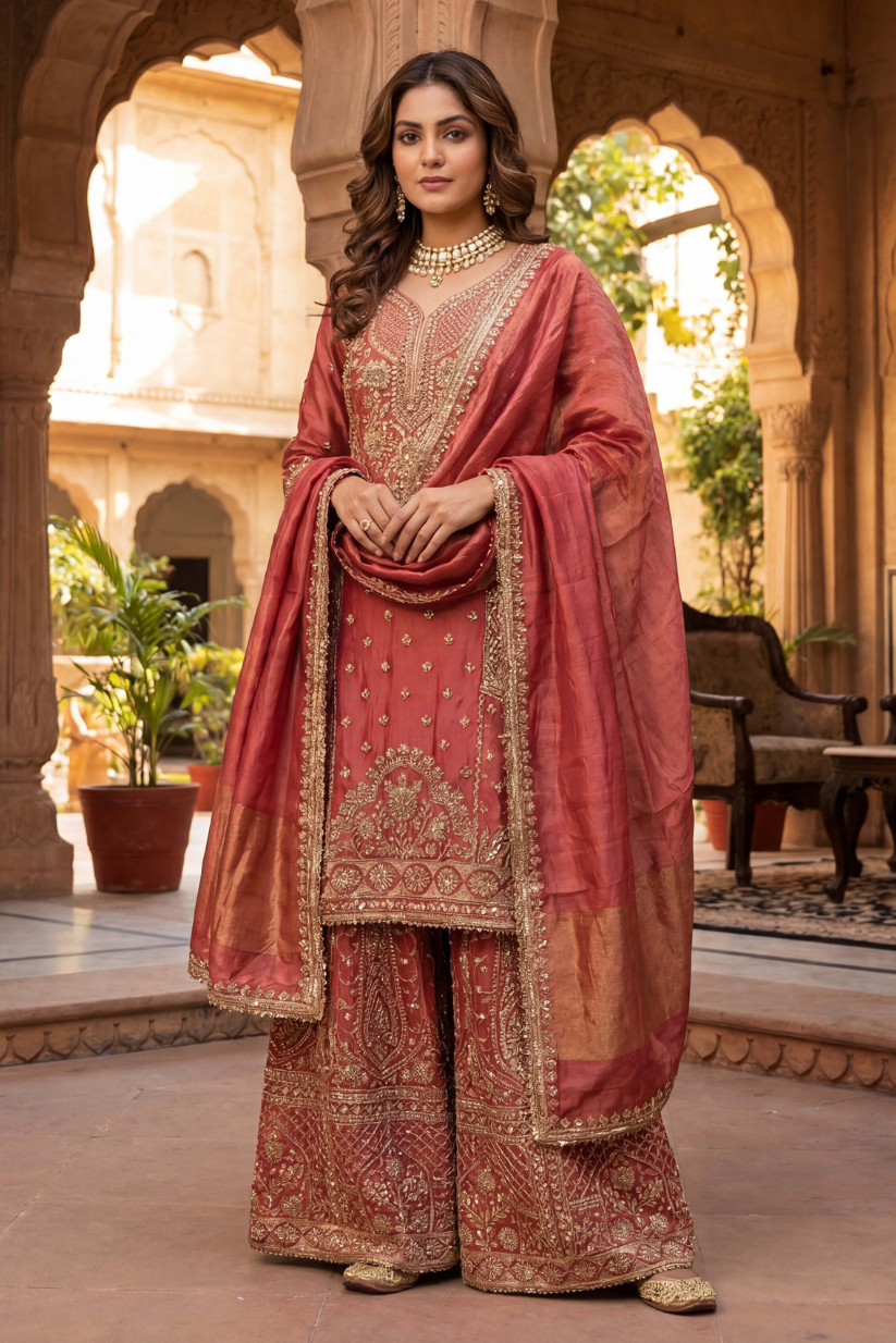 Women rust red hand embroidered kurta palazzo set with dupatta front view