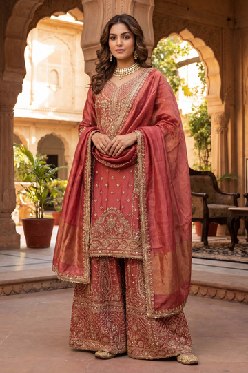 Women rust red hand embroidered kurta palazzo set with dupatta front view