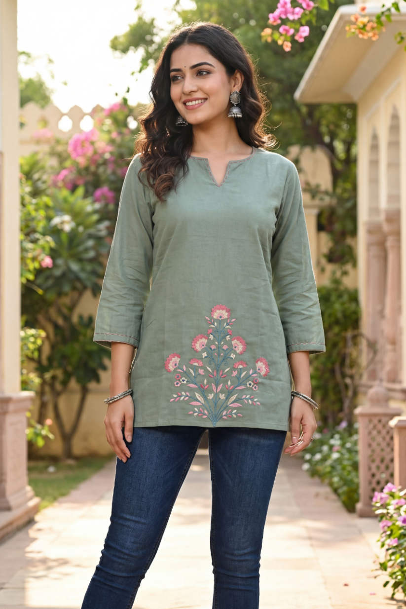 Woman wearing sage green cotton short kurti with floral print and jeans in outdoor garden setting for casual wear