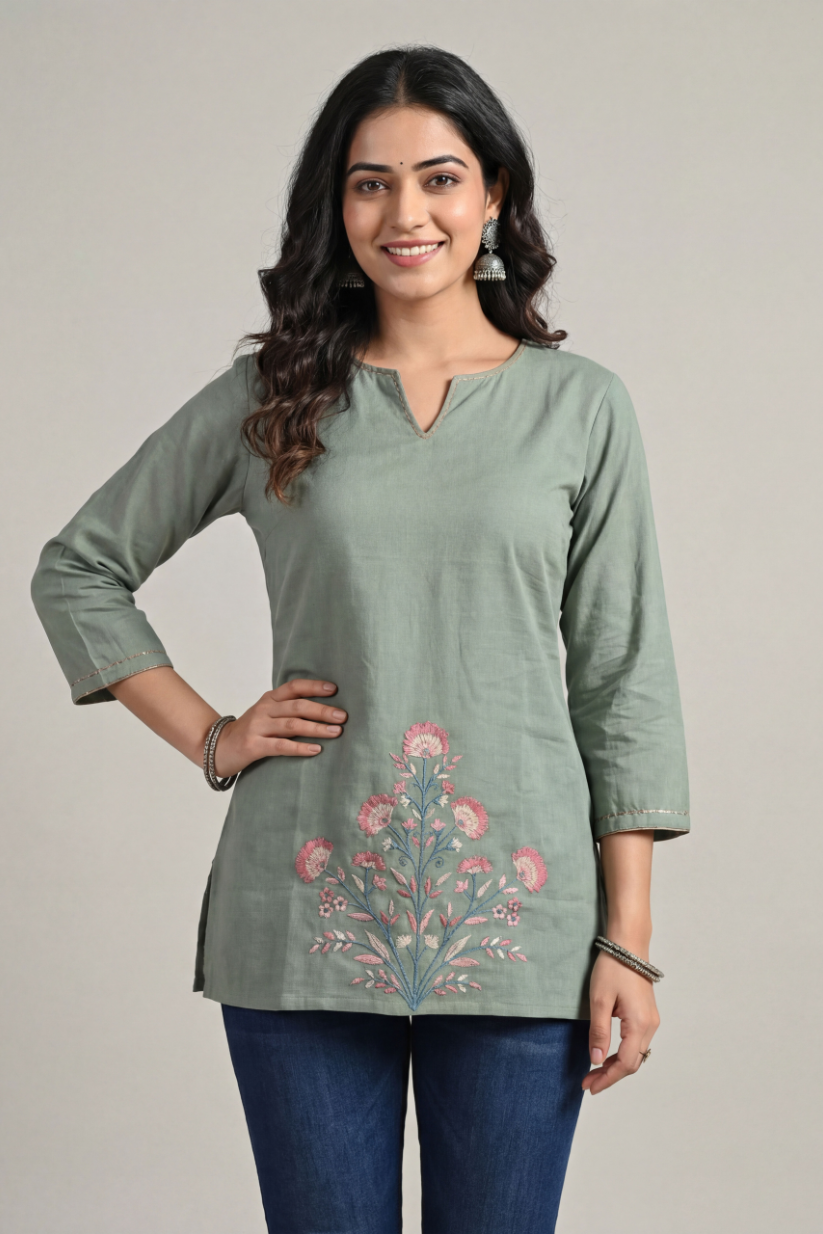 Full front view of sage green cotton short kurti for women with floral print and V-notch neckline paired with blue jeans