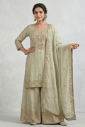 Sage Green Mirror Embroidered Kurta Sharara Set with Dupatta for Women - The House of Indu