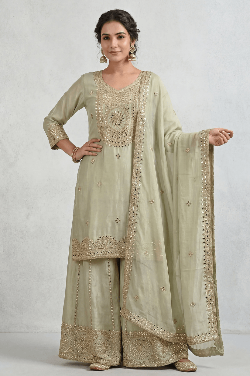 Sage Green Mirror Embroidered Kurta Sharara Set with Dupatta for Women - The House of Indu